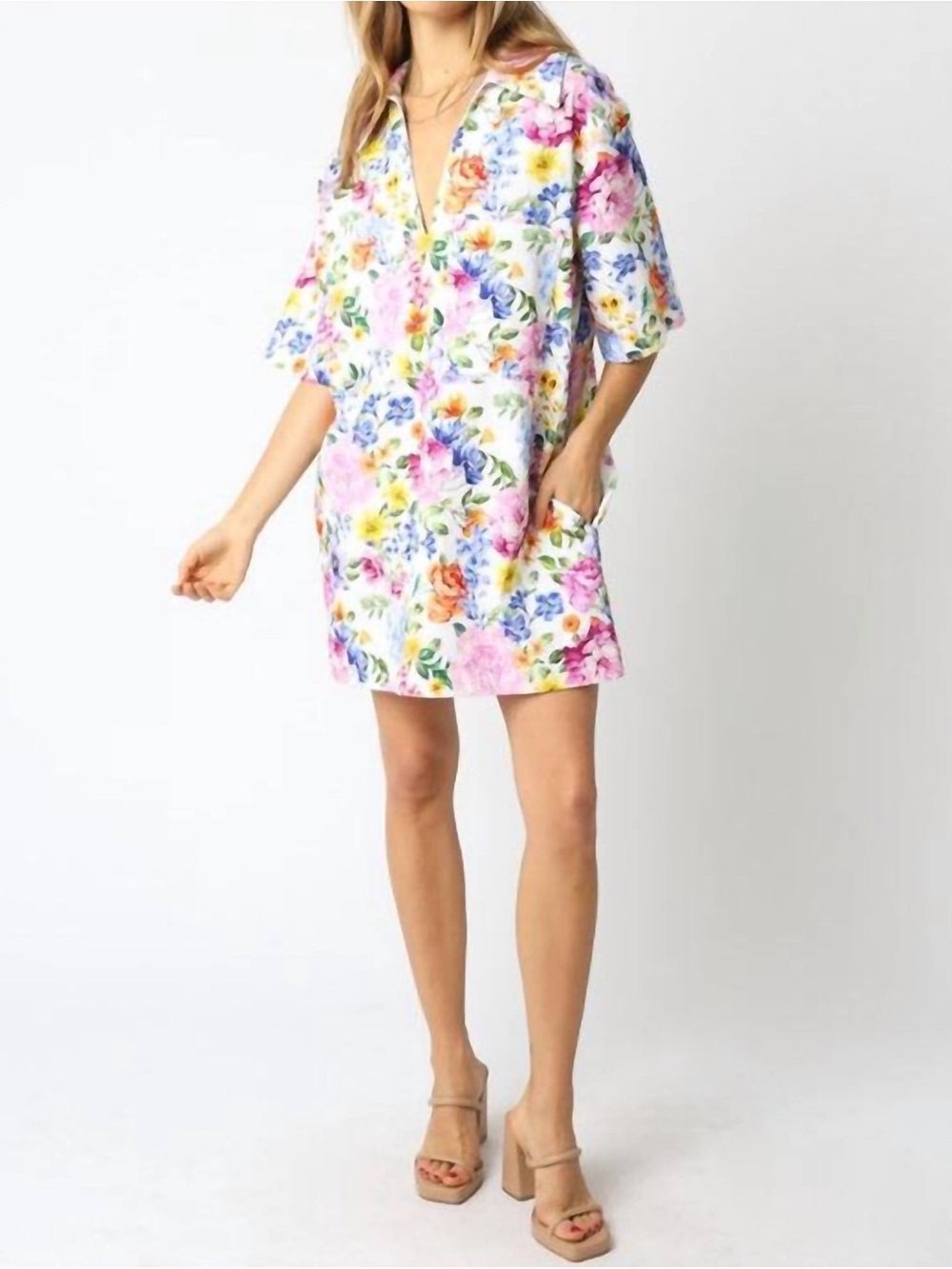 Olivaceous Floral dress  in White with Orange and Purple Accents